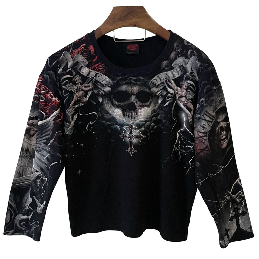 Spiral Direct Dark Gothic Skulls Roses Cherubs Reaper Baselayer Shirt Y2K XL